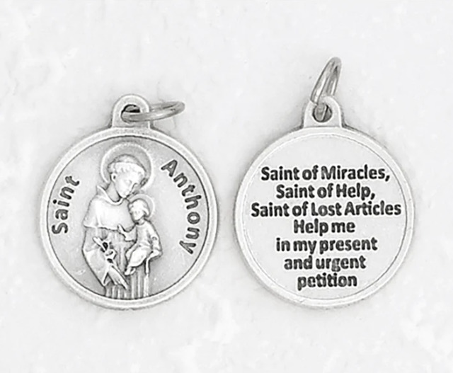 Saint St Anthony + Prayer -Silver Tone Round Medal.