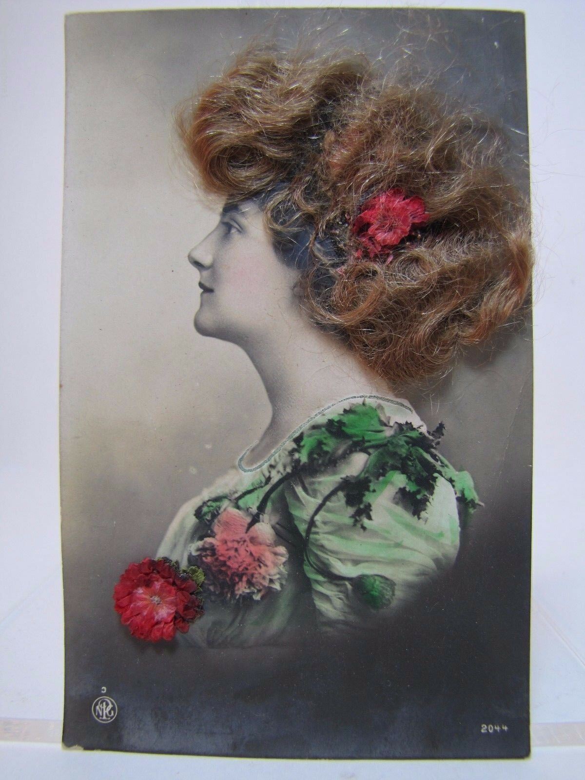 Antique Woman Postcard \'Real Hair Flowers\' Hand Tinited Colored