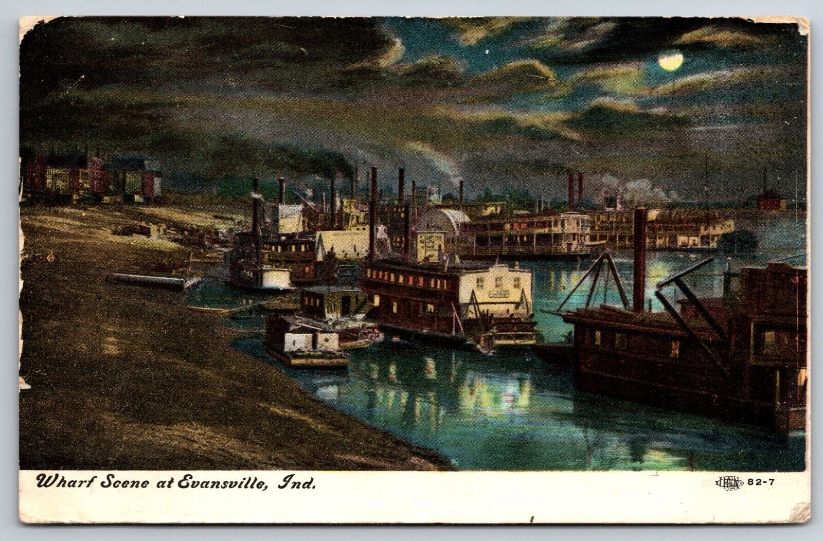 Night Moonlight Wharf Scene Evansville Indiana Postmark 1908 New Orleans Panama