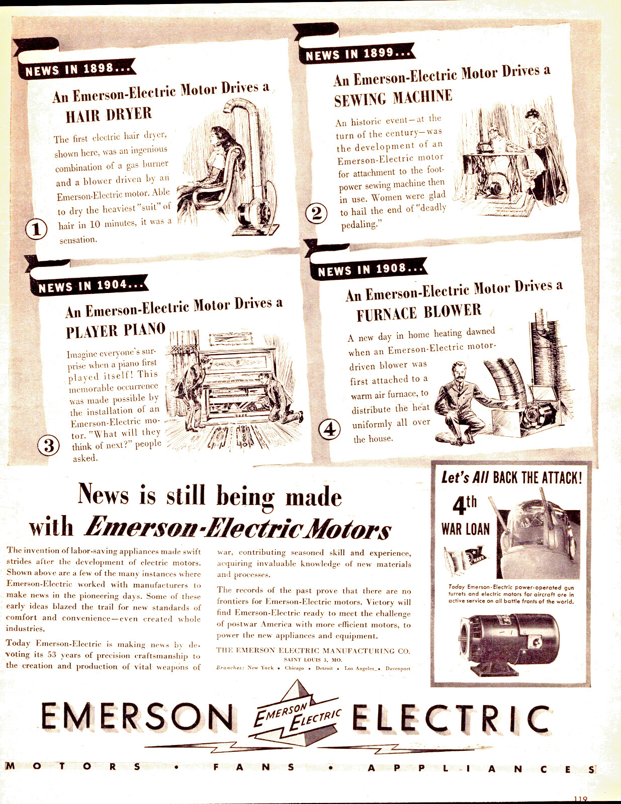 1944 Emerson Electric Motors Vintage Print Ad World War ll Creating War Weapons