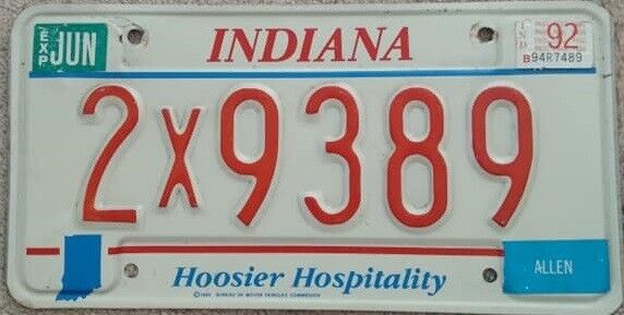 1992 Indiana License Plate 2X9389 - Hoosier Hospitality