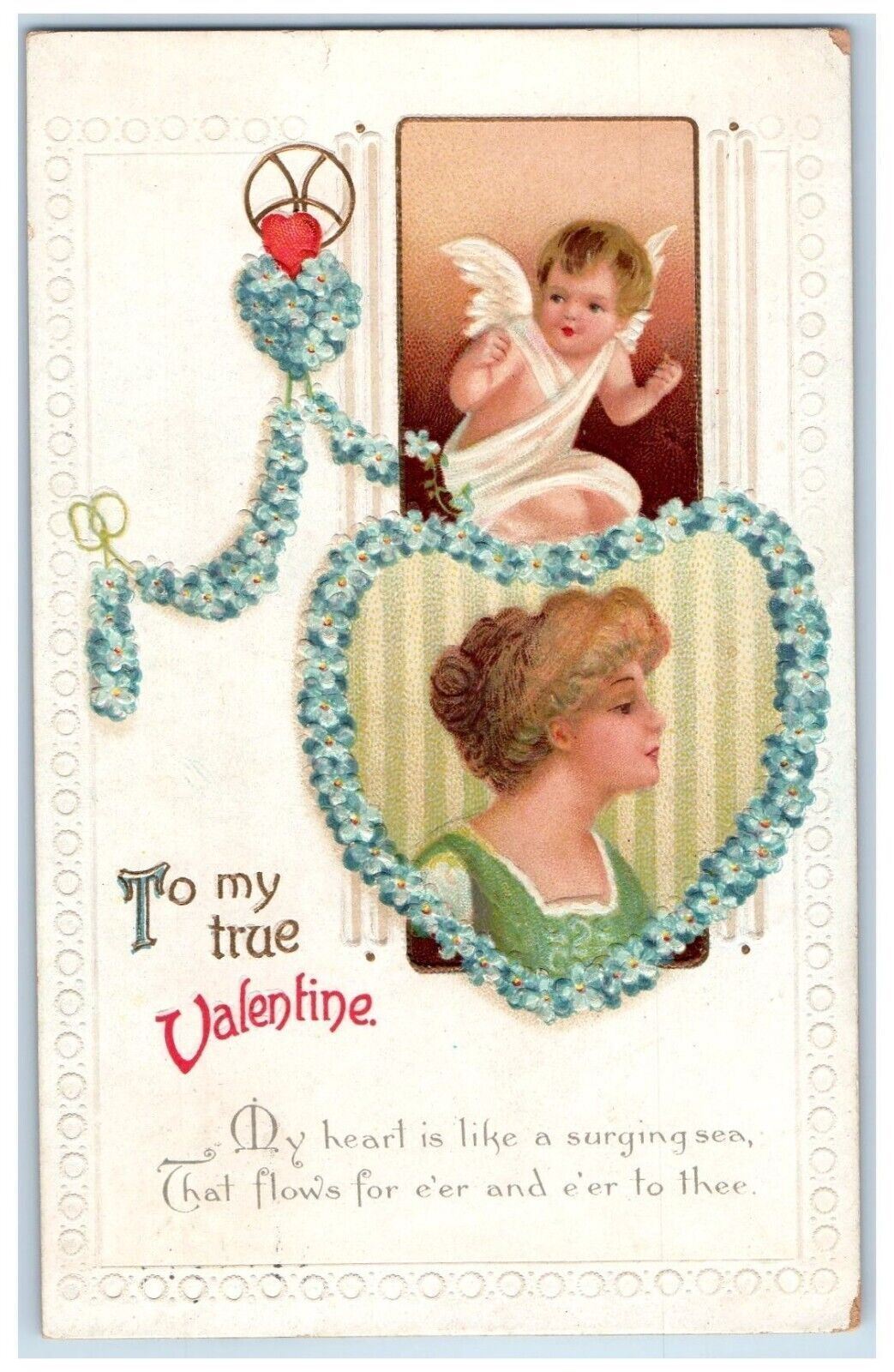 c1910\'s Valentine Angel Cherub Heart Pansies Flowers Embossed Antique Postcard
