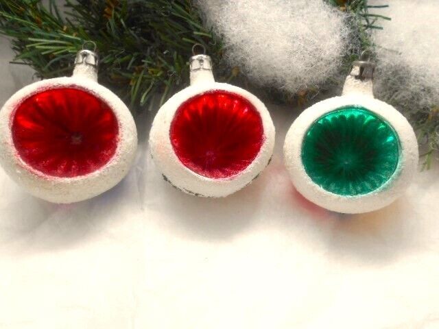 3 Vintage Glass Christmas Ornaments ~ Colorful Deep Indents & White Mica Poland