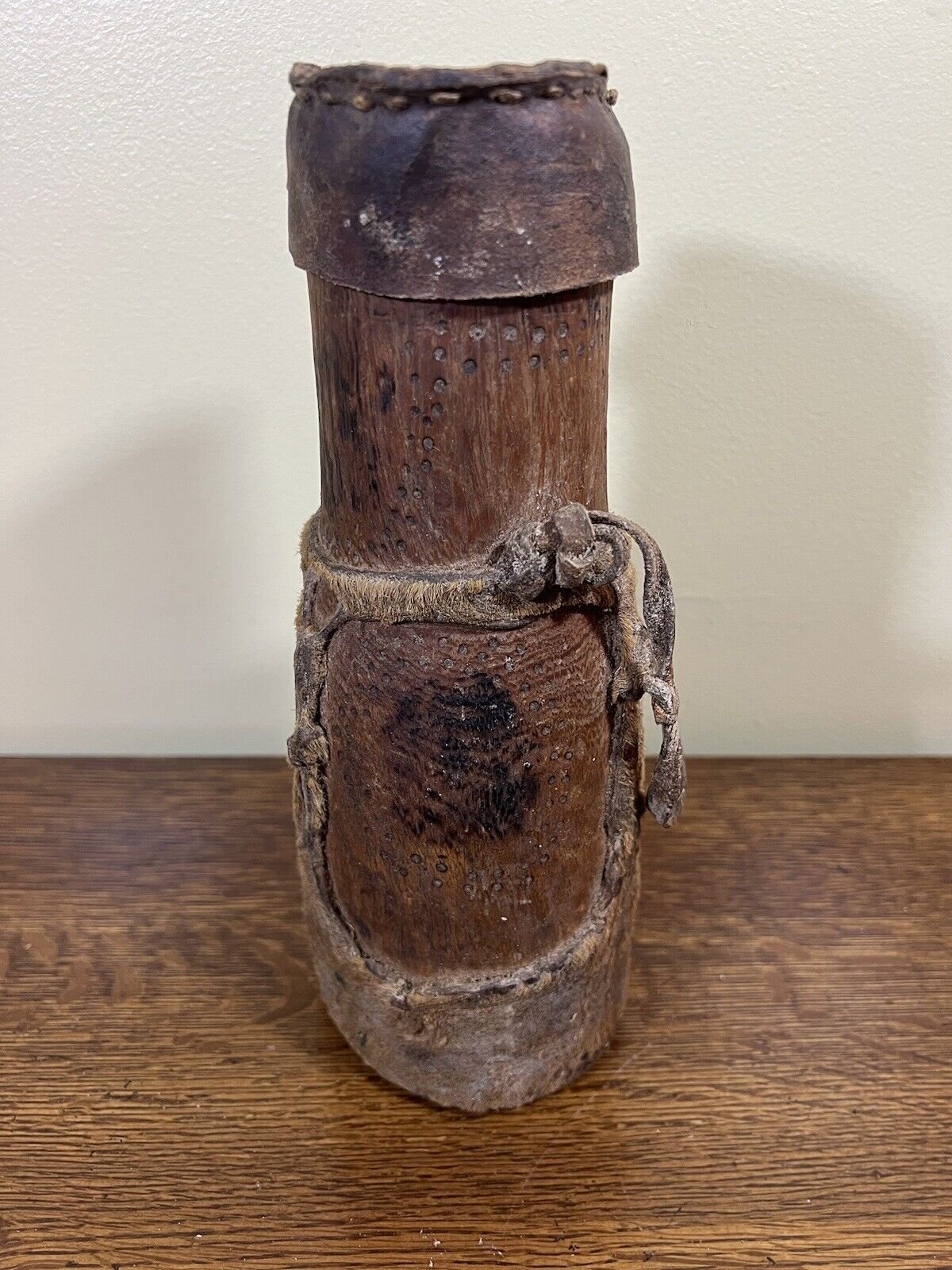 Antique African PRIMITIVE Wood Leather & Hide Vessel Vase Dot Folk Art #18
