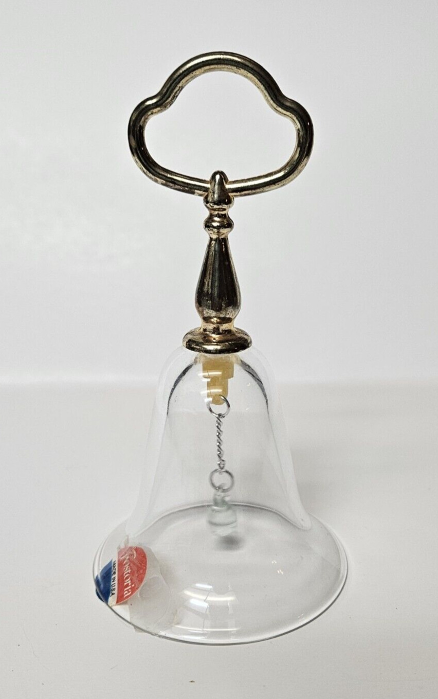 Vintage Fostoria American Glass Bell with Gold Handle Crystal Clapper Label 5.5\
