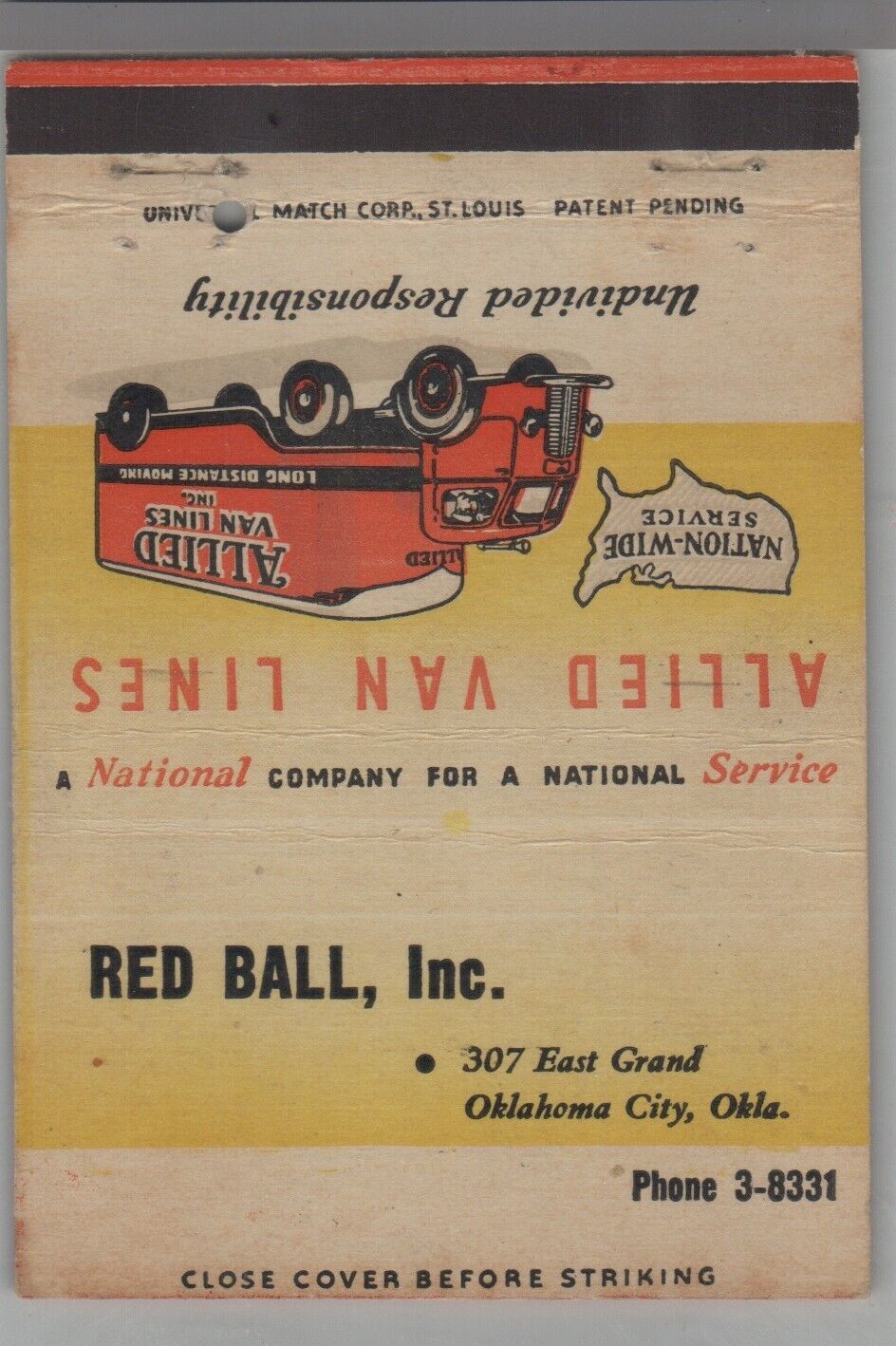 Matchbook Cover Allied Van Lines Red Ball, Inc. Oklahoma City, OK