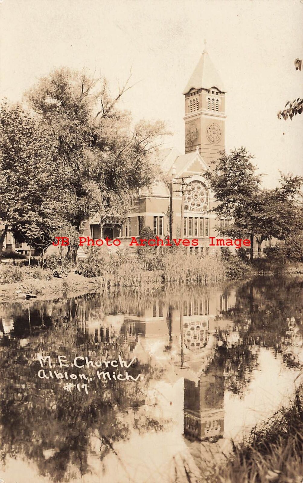 MI, Albion, Michigan, RPPC, Methodist Episcopal Church, Pond Reflection, Photo,