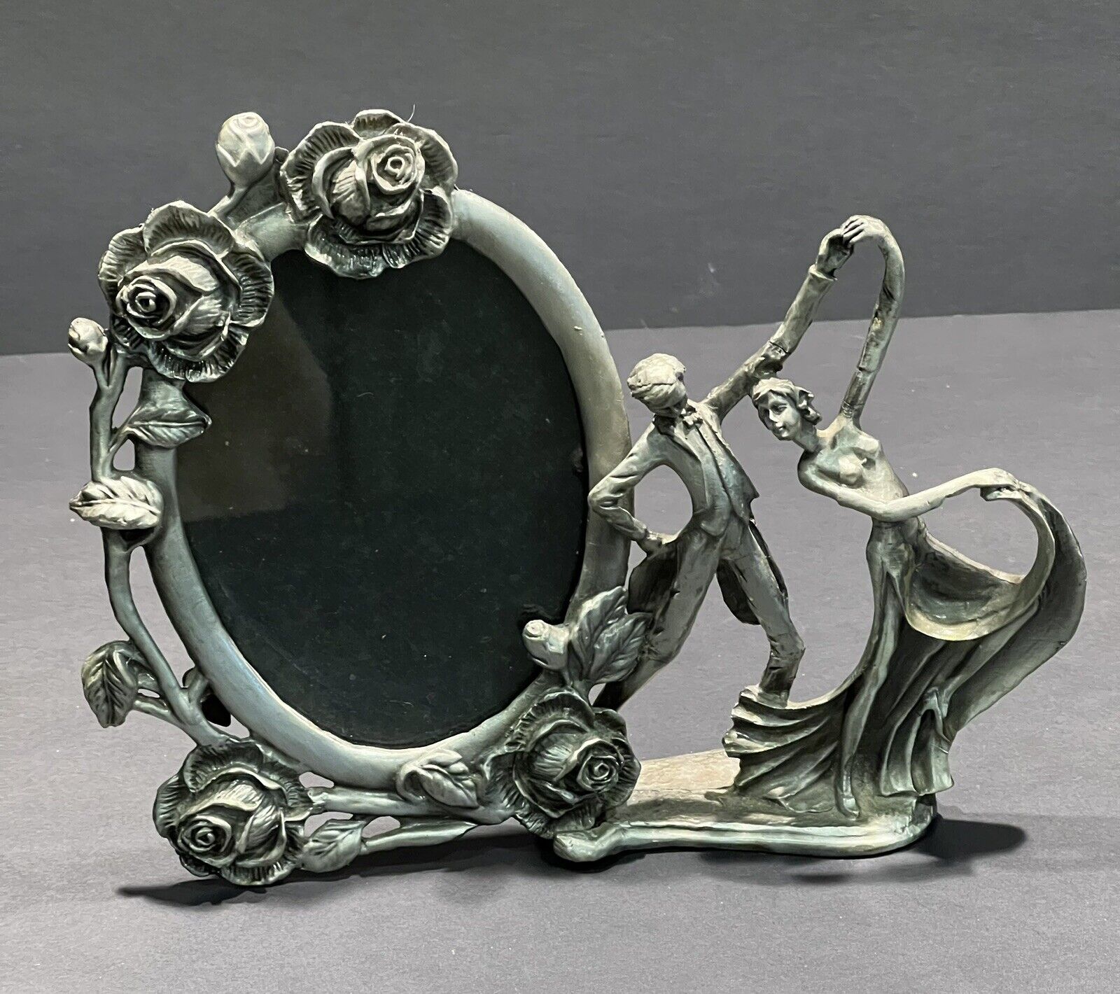 Rare Antique Victorian Silver Plated Floral Picture Frame of A Man Woman Dancing