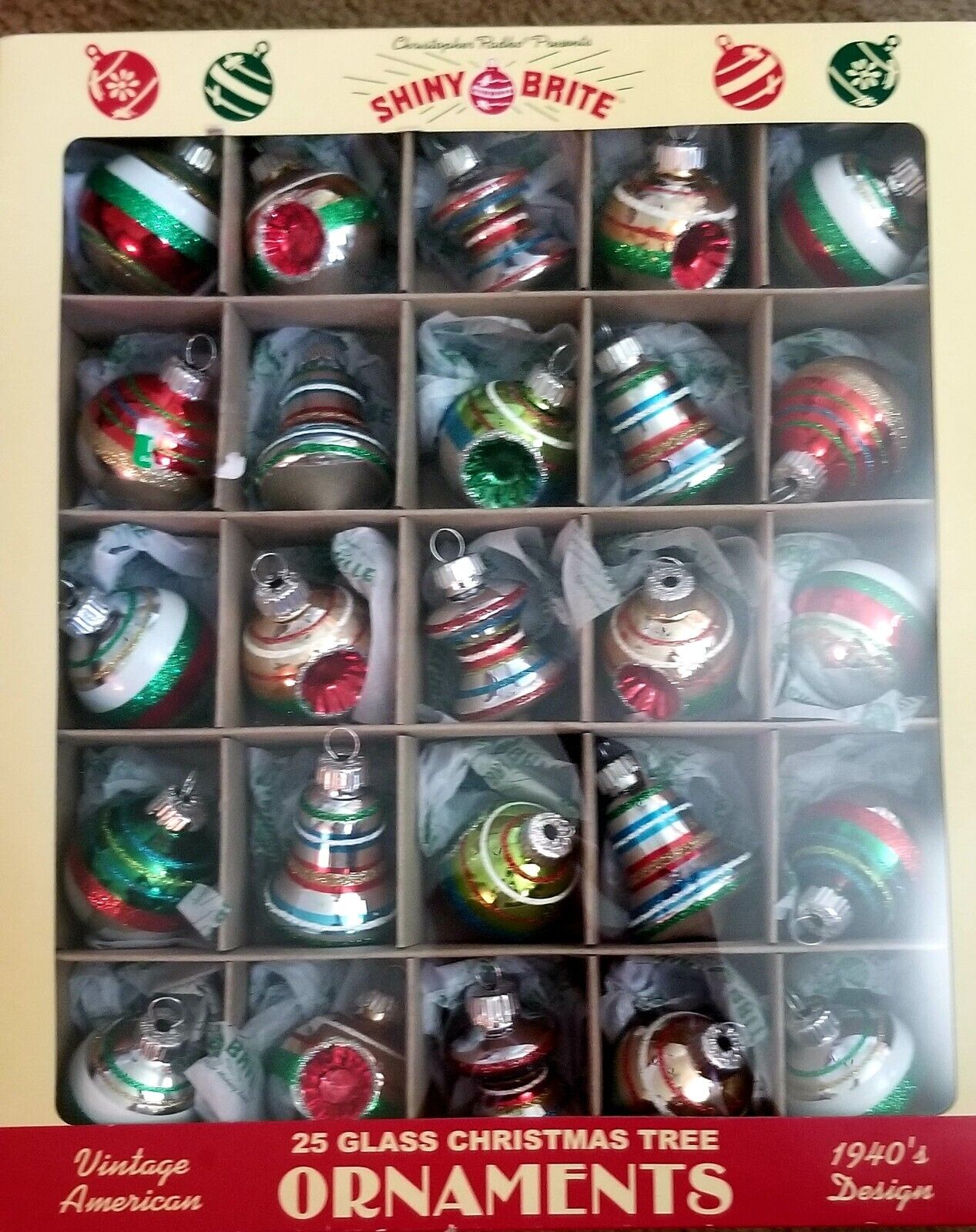 Shiny Brite Christopher Radko 25 glass Christmas Ornaments 1940s design NEW/BOX