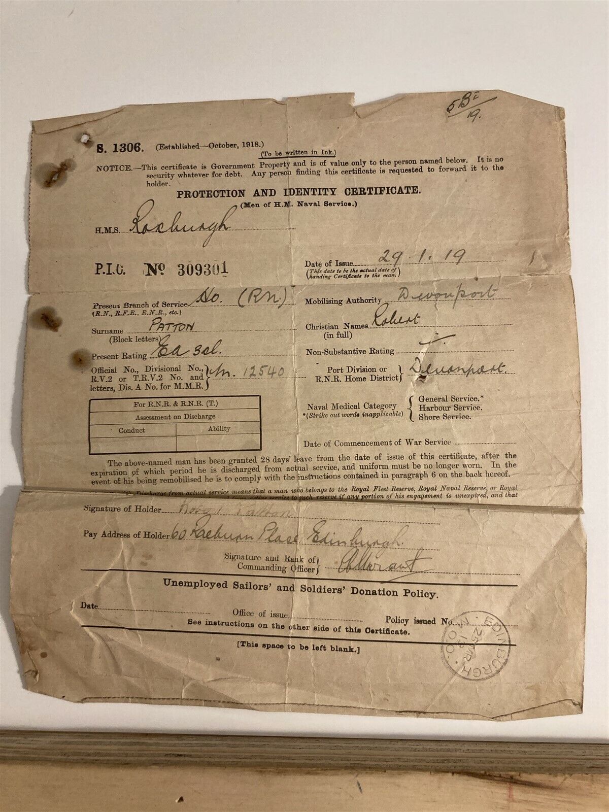 1918 British Protection Identity Certificate HMS Roxburgh Royal Navy England Vtg