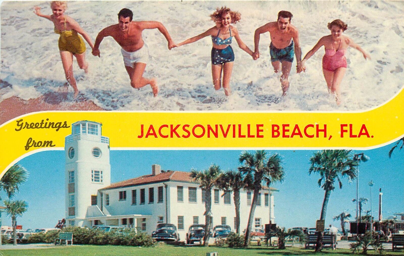 Jacksonville Beach Postcard Florida 1964 Bikini Girls Bathing Beauties Retro 