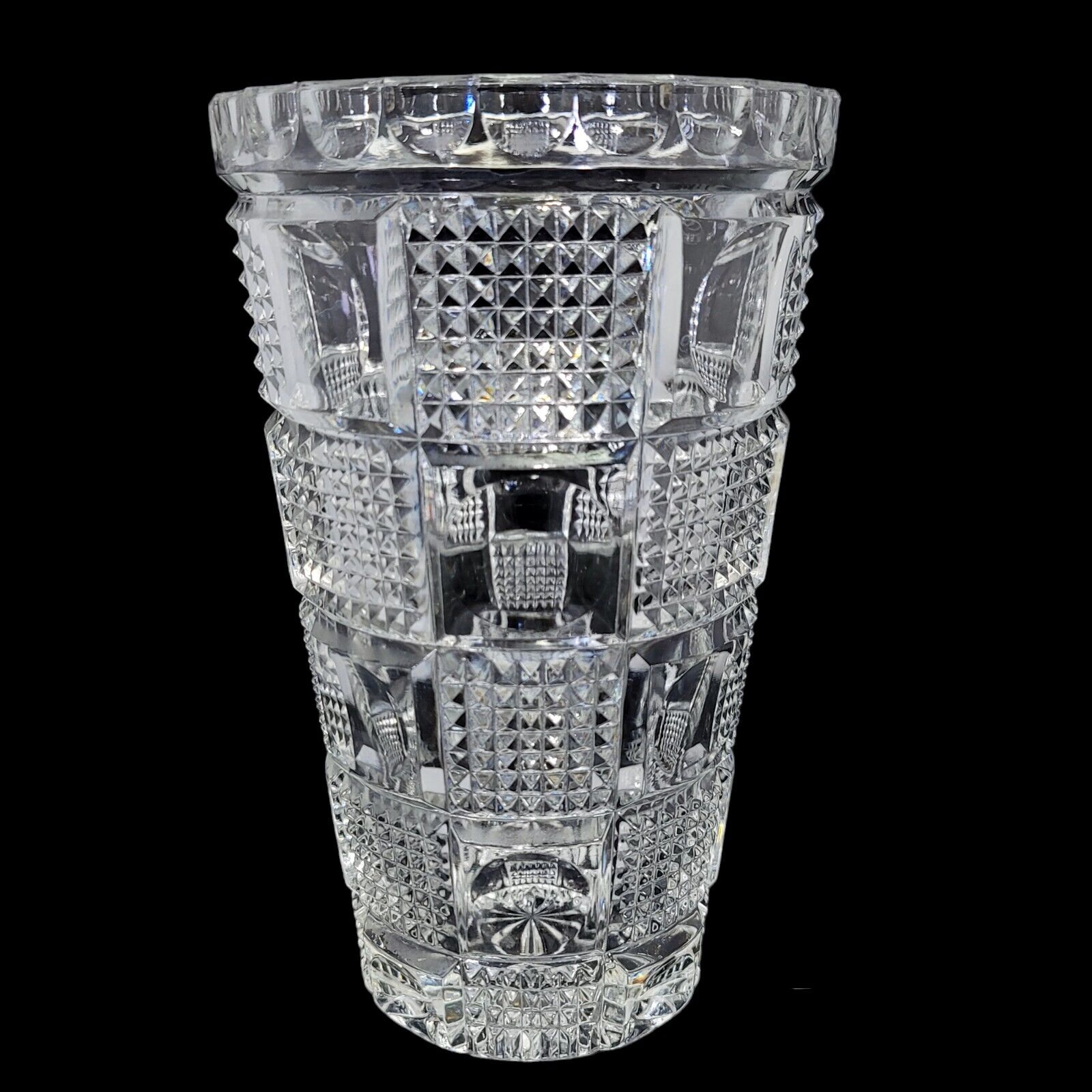 Vintage Lead Crystal Glass Circle Square Patterned Vase Thumbprint 8\