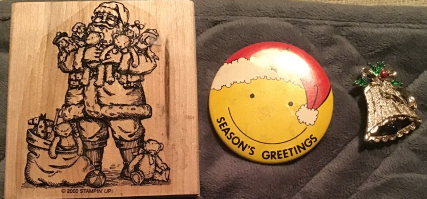 Stampin\'Up Rubber Stamp Santa&Toys 2000+Smiley Face Seasons Greetings Bell Pin