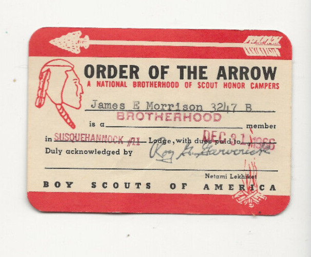 SUSQUEHANNOCK  OA  LODGE 11 /  1966 BROTHERHOOD  CARD - Boy Scout BSA GnW/1-10