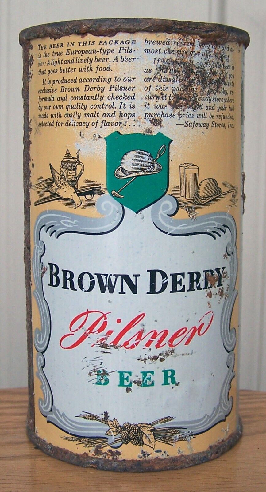 Brown Derby Pilsner OI Flat Top Beer Can, Rainier, San Francisco, CA 12 oz IRTP