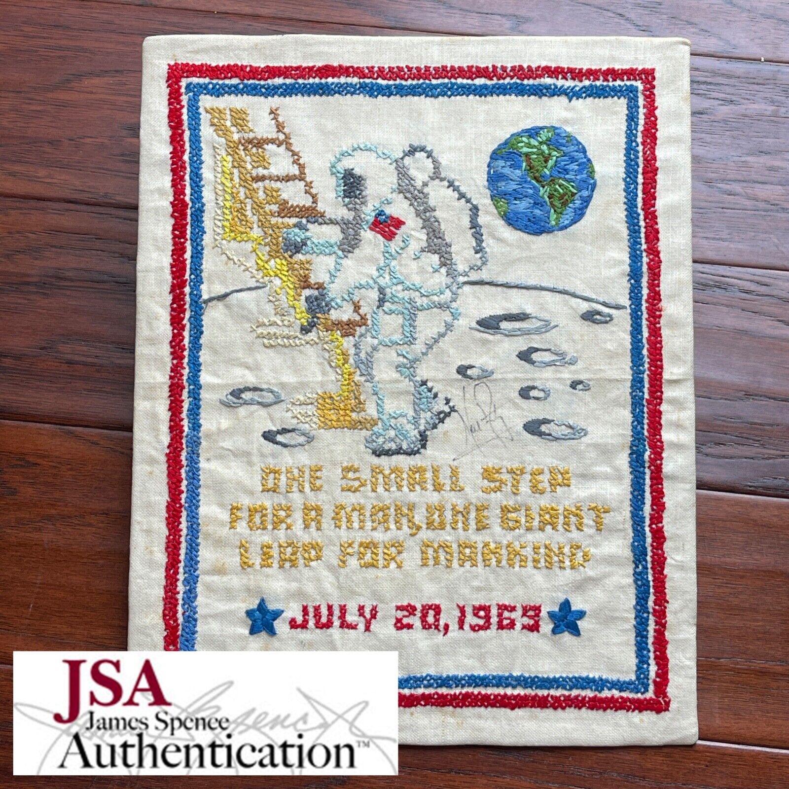 NEIL ARMSTRONG * JSA * Autograph “ONE SMALL STEP” Embroidery Signed * APOLLO 11