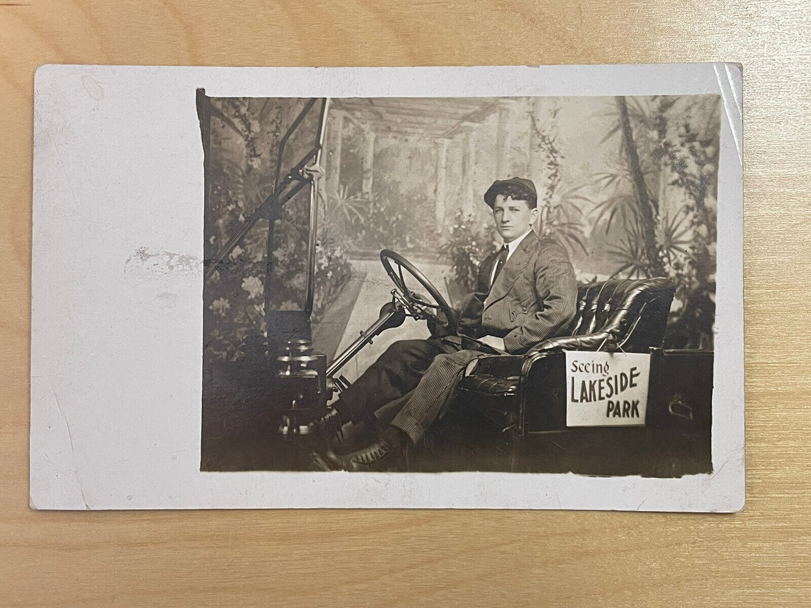 Real Photo Postcard- RPPC Man In Car Photo Booth- Lakeside Park, Auto, Portrait