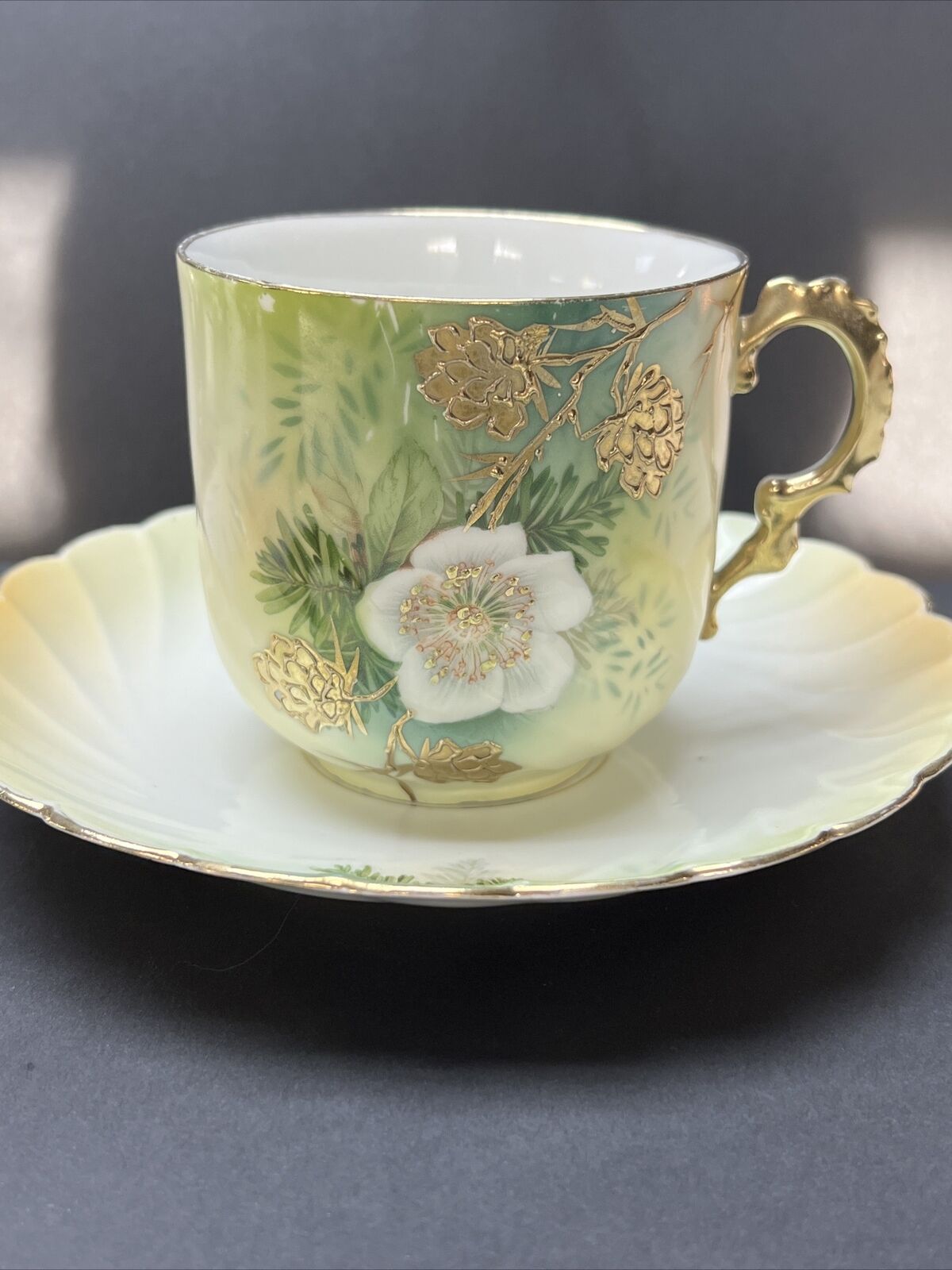 Antique RS Prussia Germany Hand Painted Floral White Gold Cup Saucer Tea READ