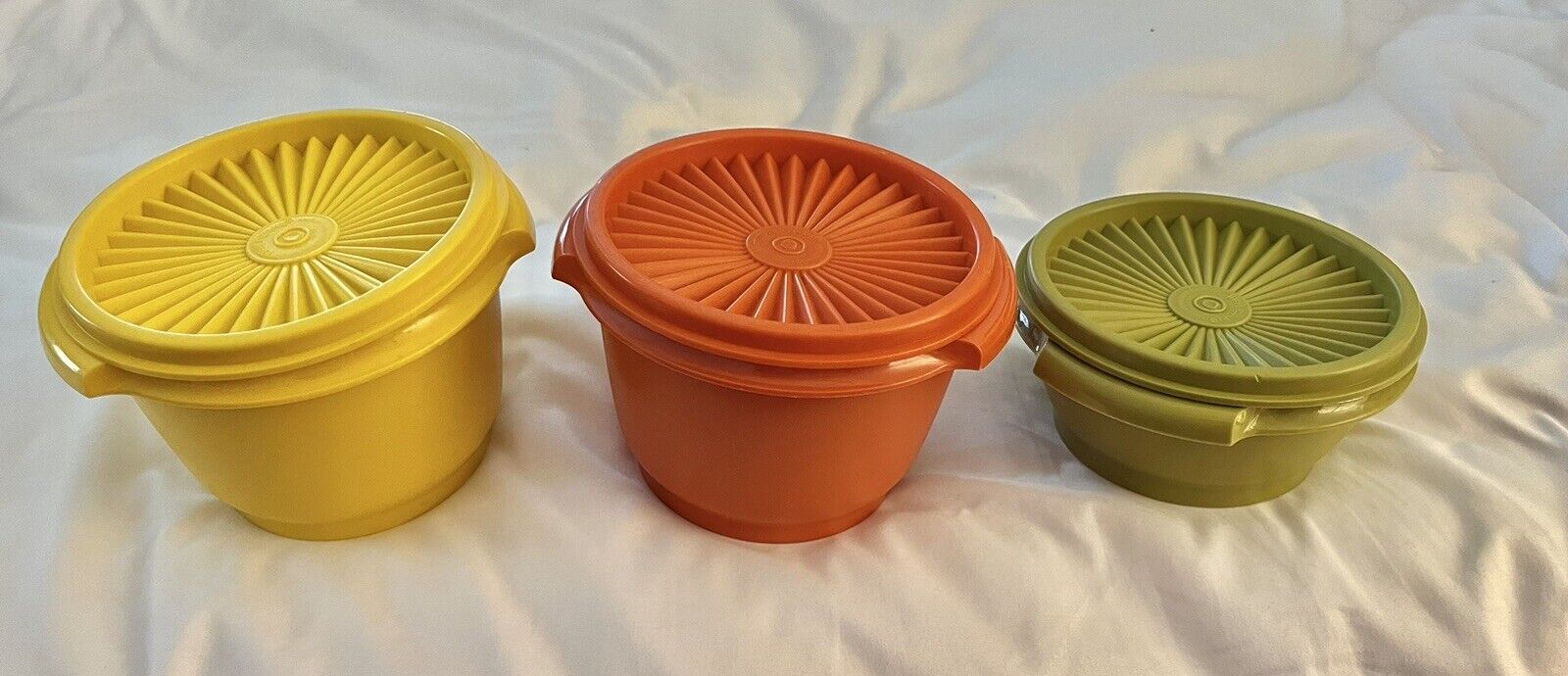 Lot of 3 Vintage Tupperware Green Yellow Orange Small Bowls with  Lids See Below