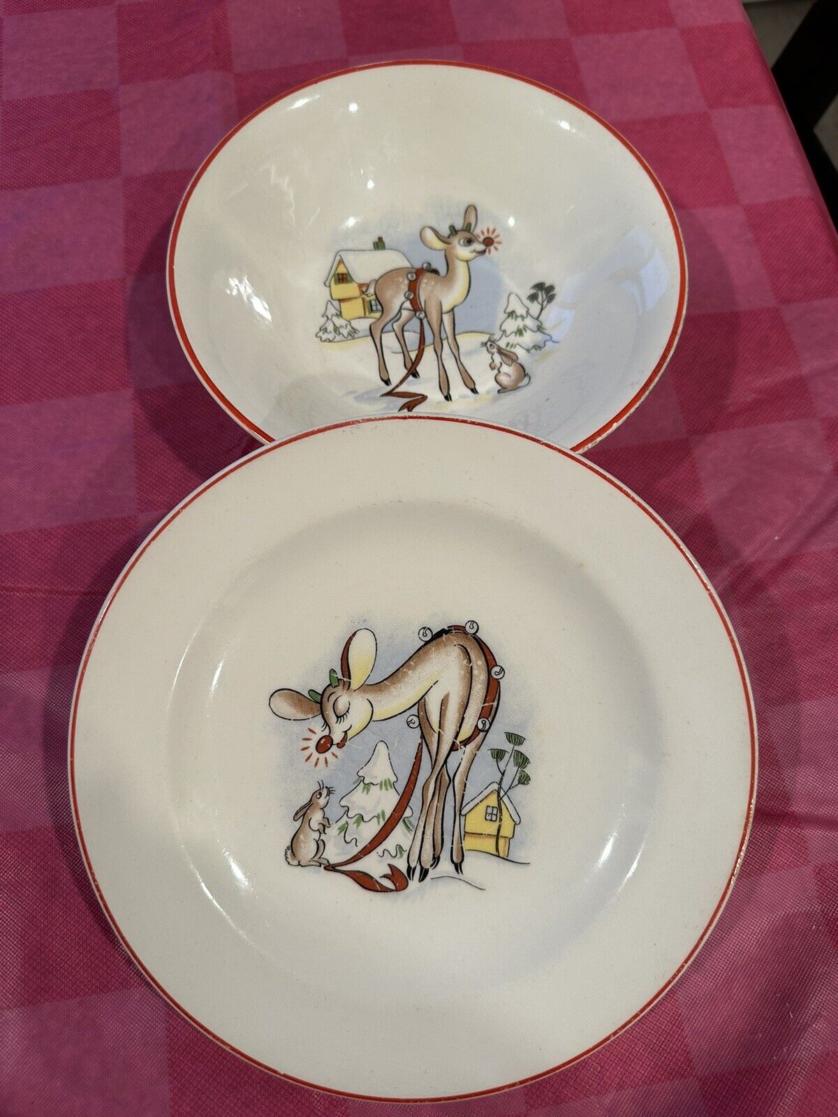 Vintage Christmas 1940s RLM Children's Rudolph The Red Nose Plate And bowl Set
