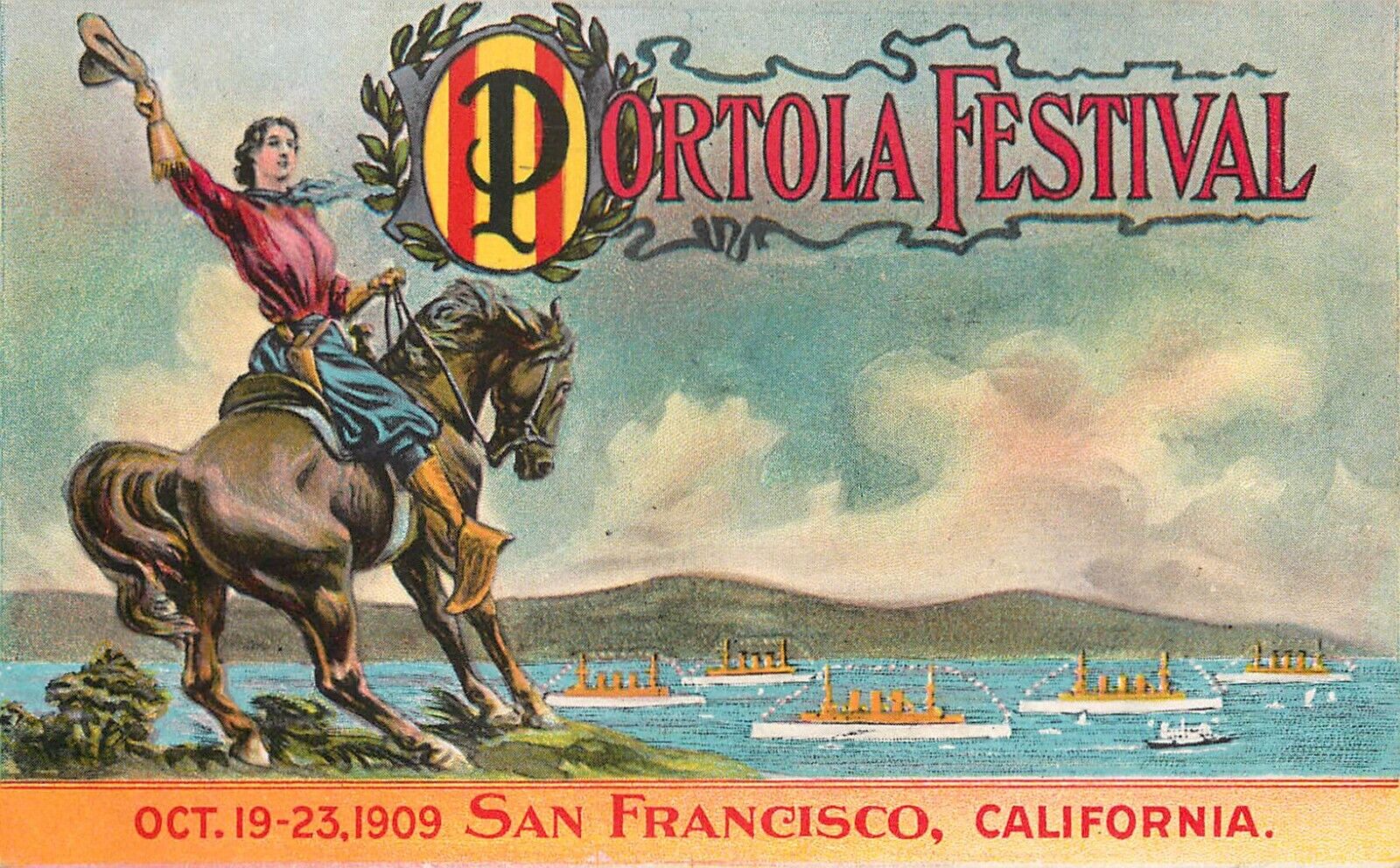 Portola Festival Postcard San Francisco 1909 Cowgirl Looks Over White Fleet