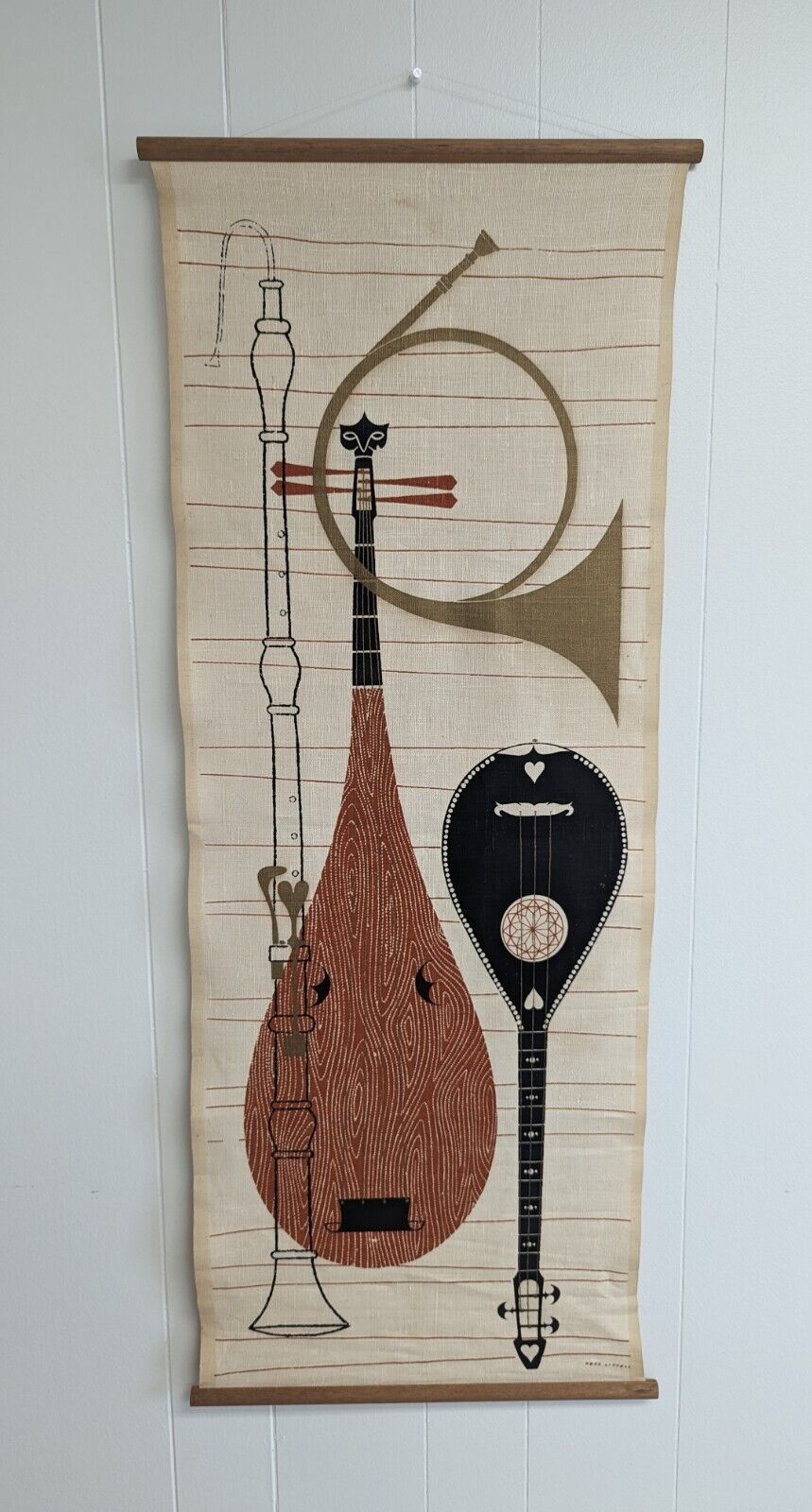 Vintage Ross Littell Signed Musical Instrument Fabric Wall Hanging Art