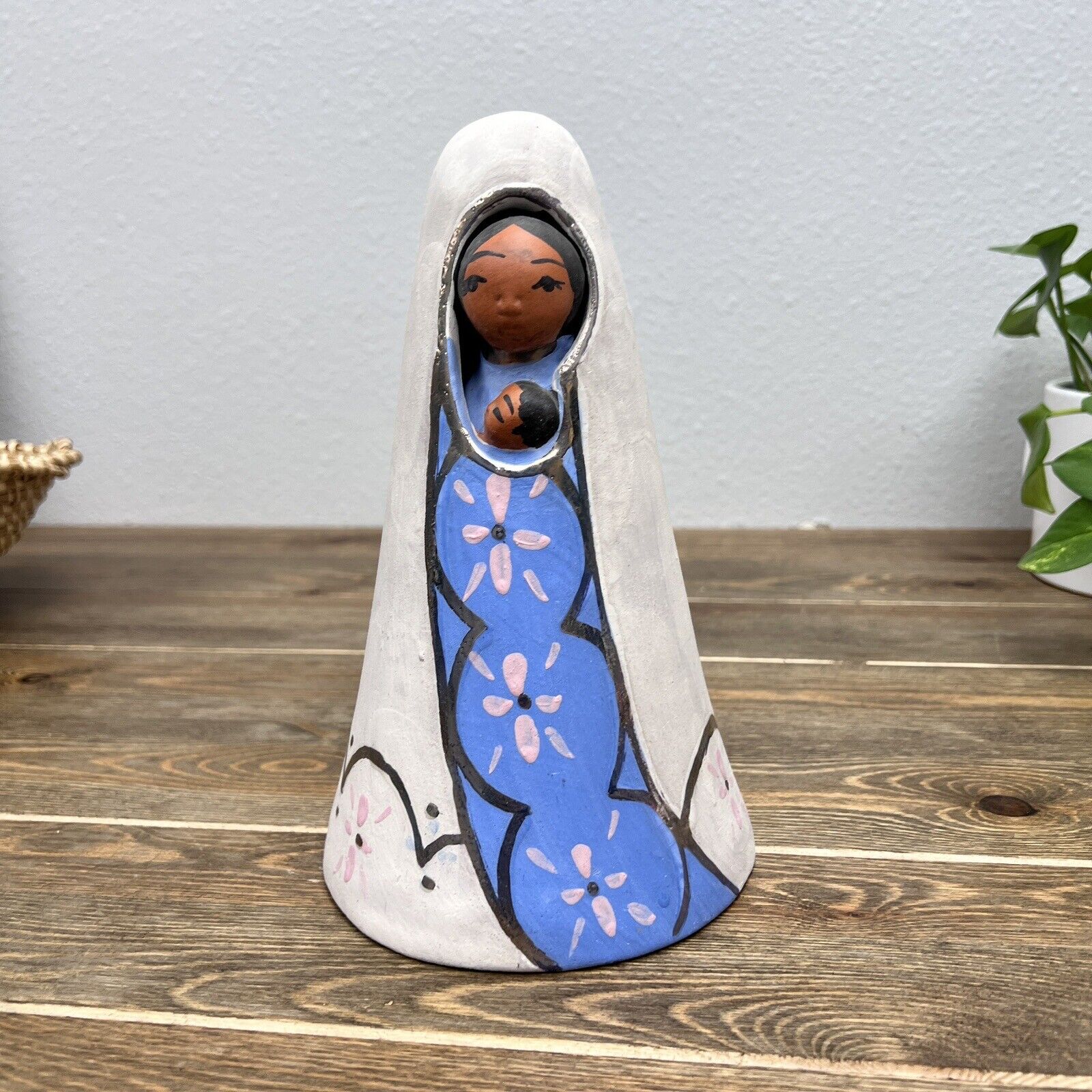 Vintage Mexican Handmade Madonna and Child Cone Clay Sculpture 