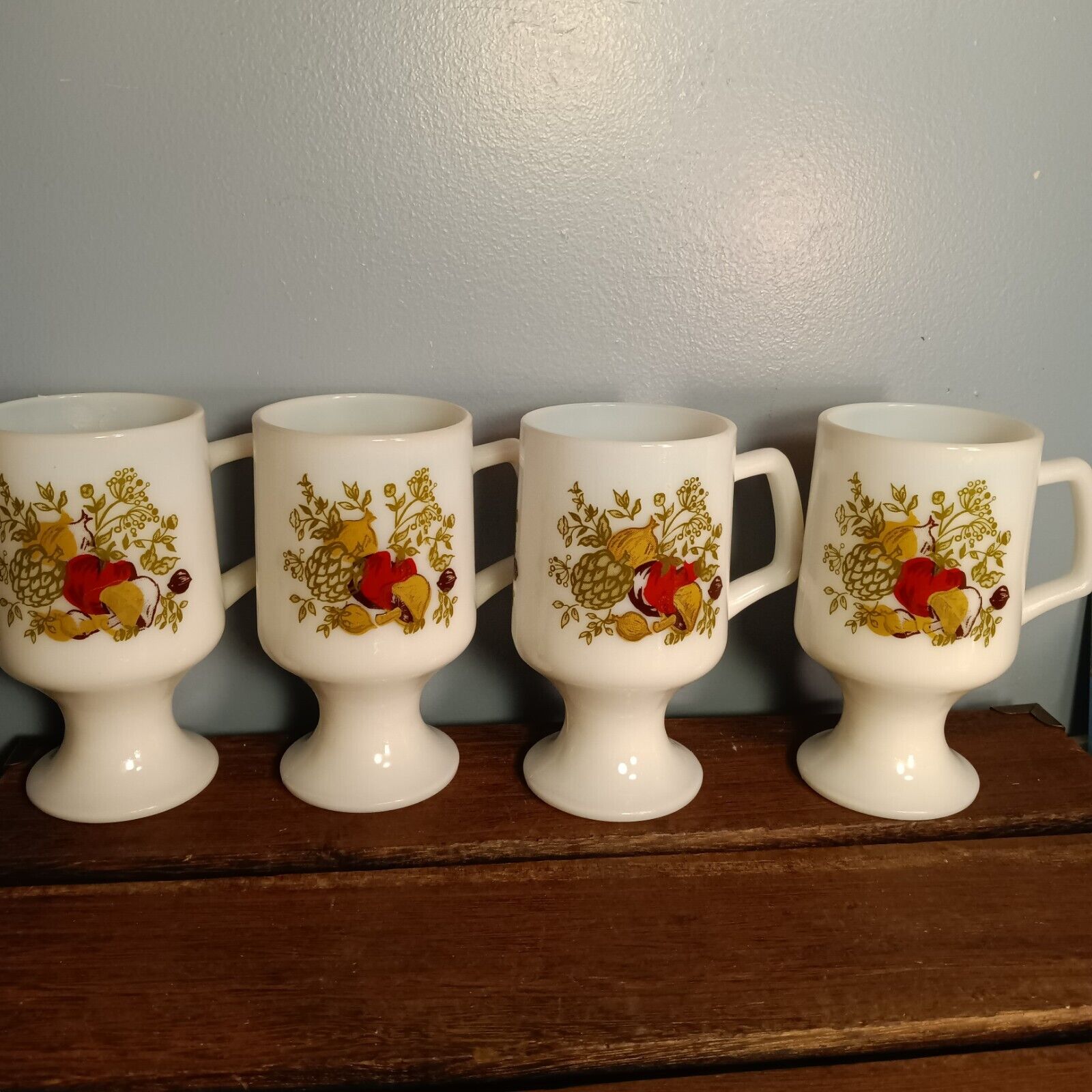 Vintage White Milk Glass Pedestal Mugs, Spice Of Life, Set Of 4