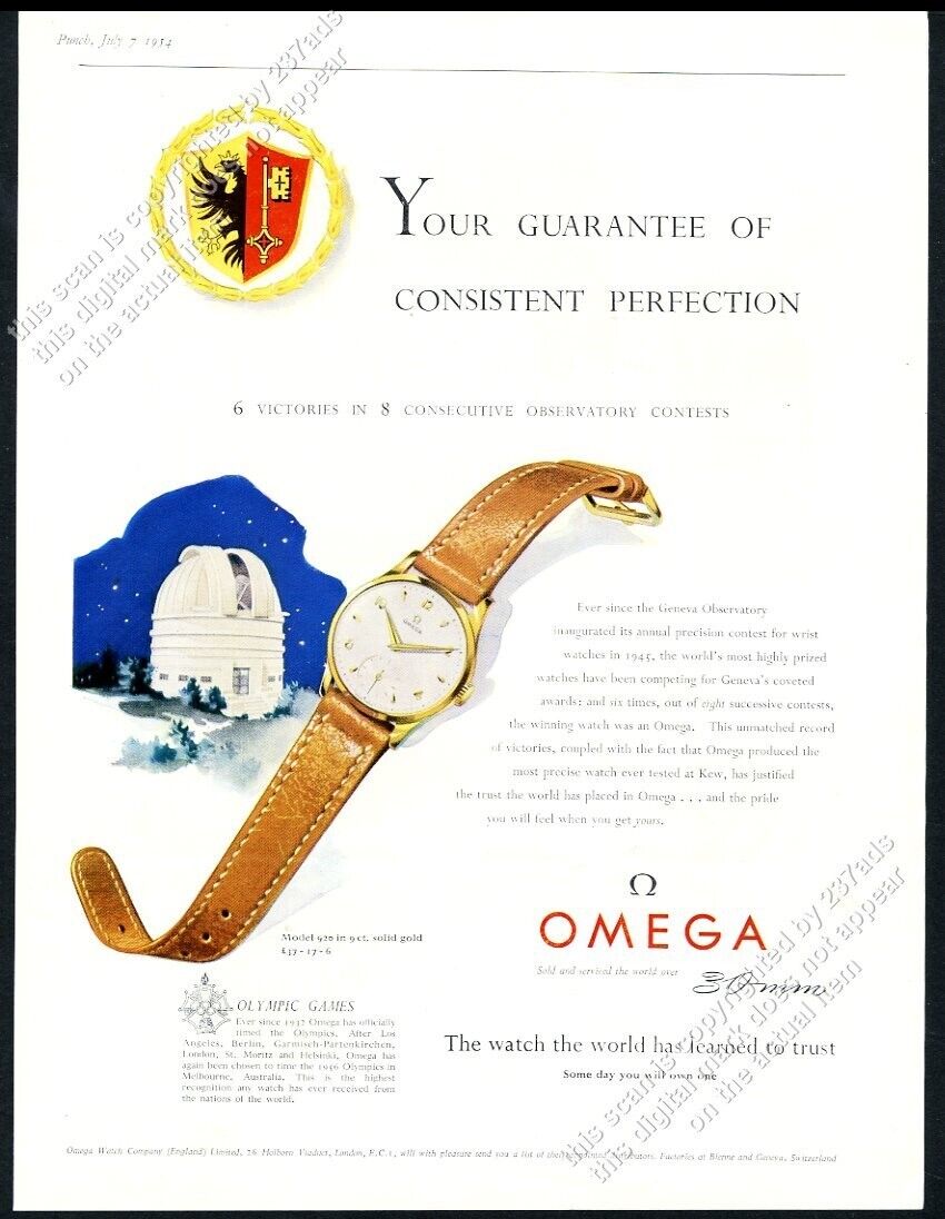 1954 Omega men\'s watch Geneva Observatory color art vintage print ad