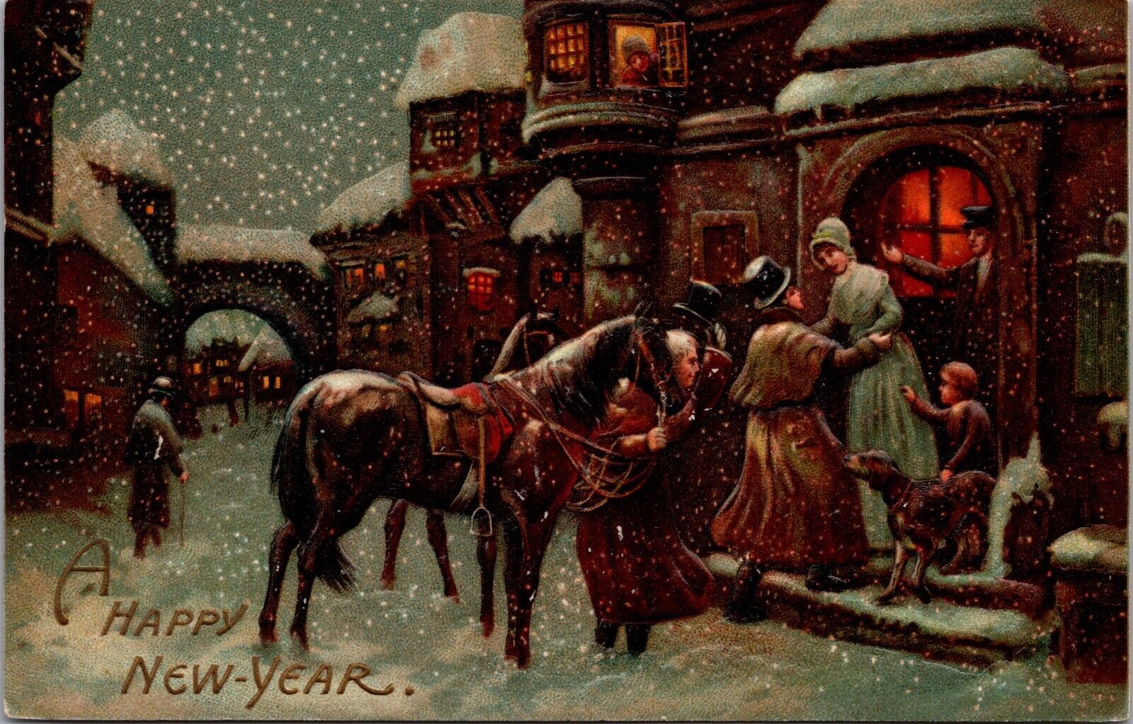 A Happy New Year Postcard Men Arriving Home Via Horseback in the Snow