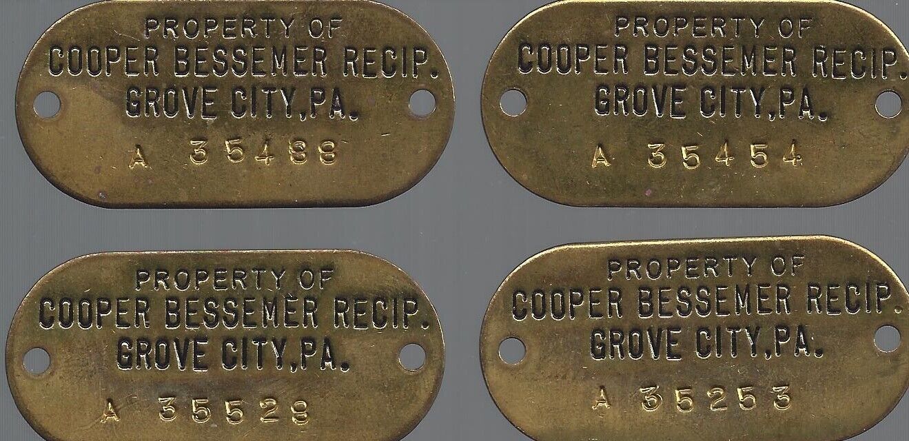 Vintage Cooper Bessemer Brass Equipment Tags Lot Of 4