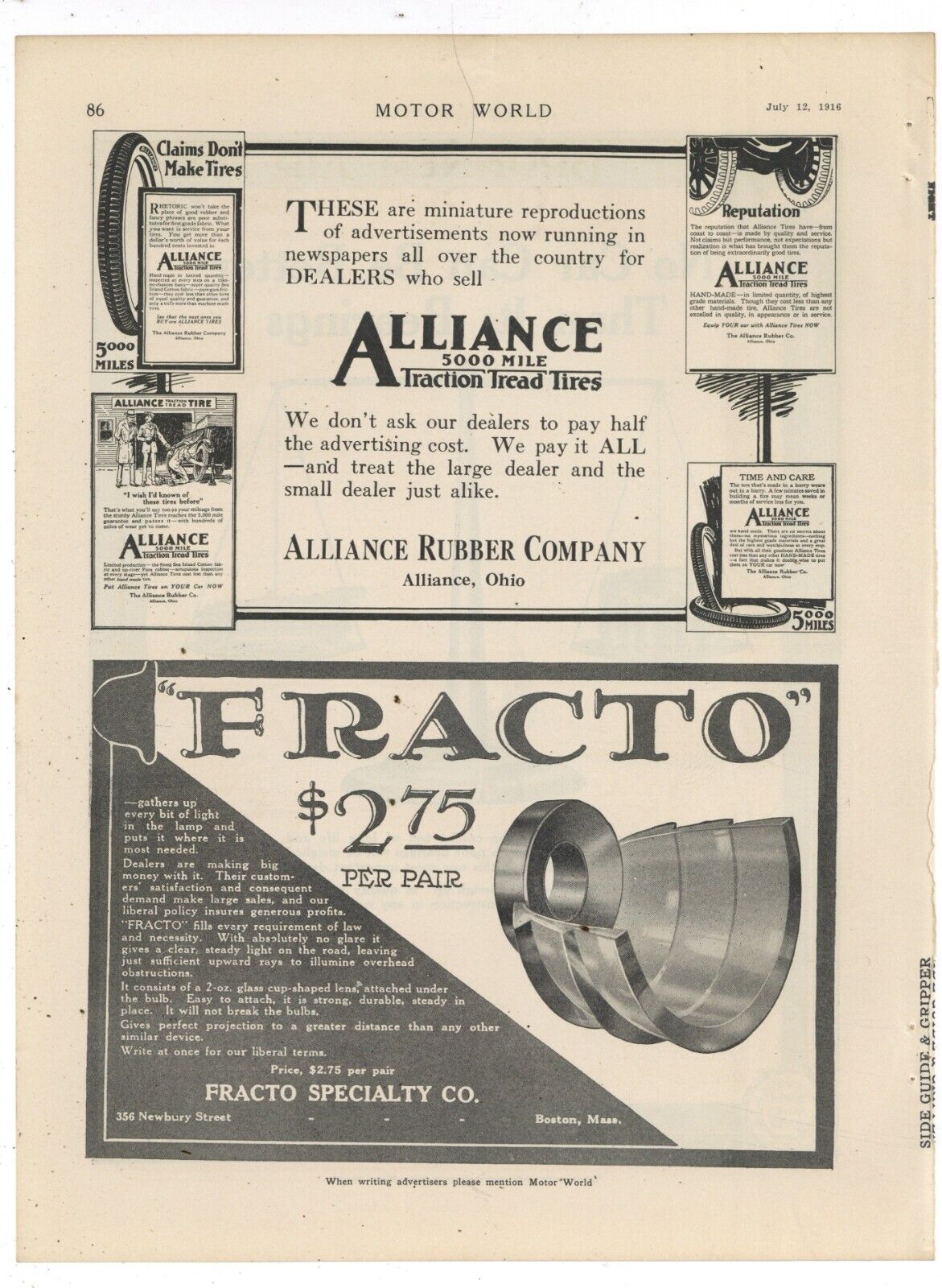 1916 Alliance Rubber Co. Ad: Traction Tread Auto Tires - Alliance, OhiO