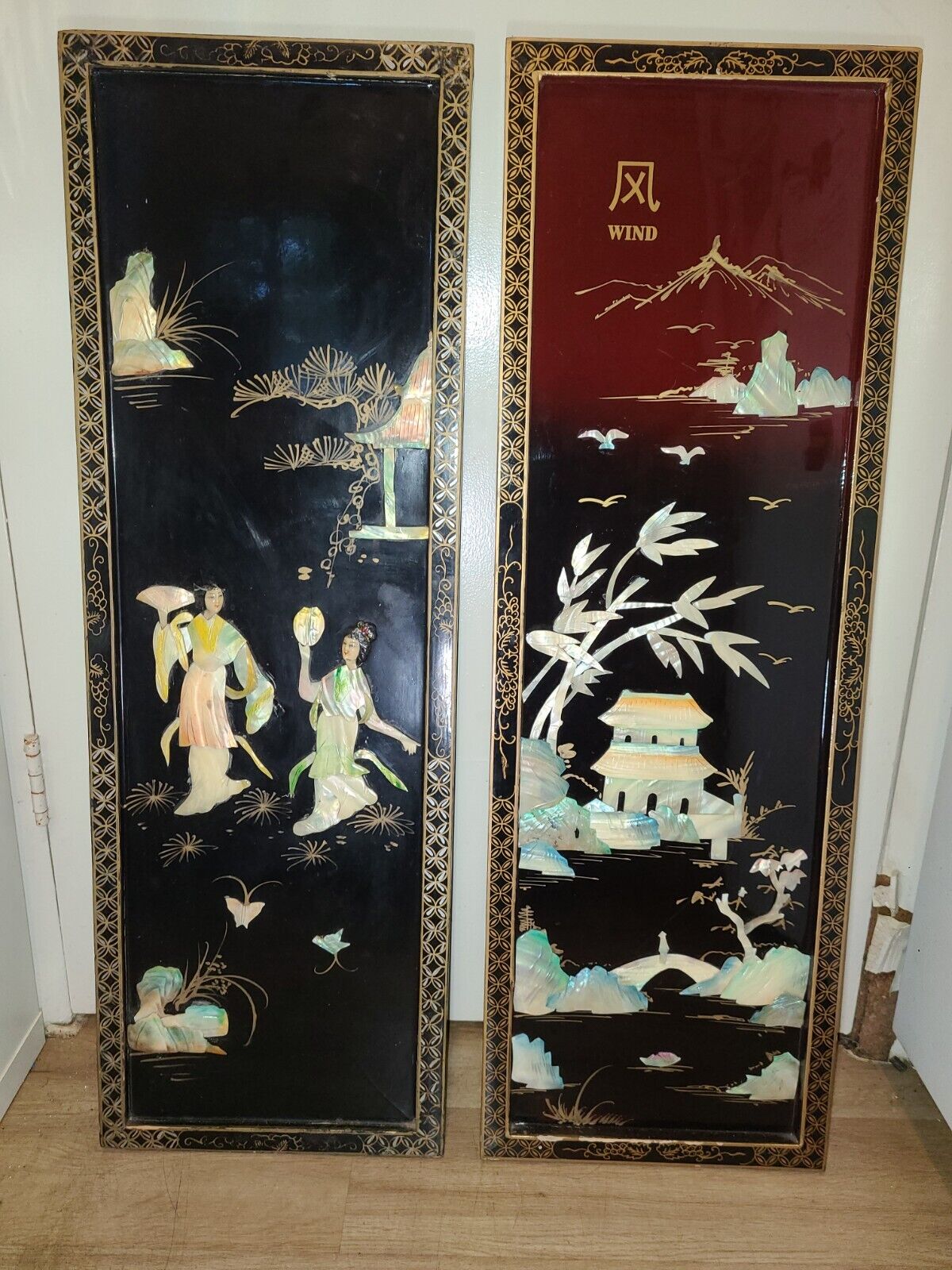 (2) Vintage Mother Of Pearl Art Wall Hangings Black Lacquer 36×12\