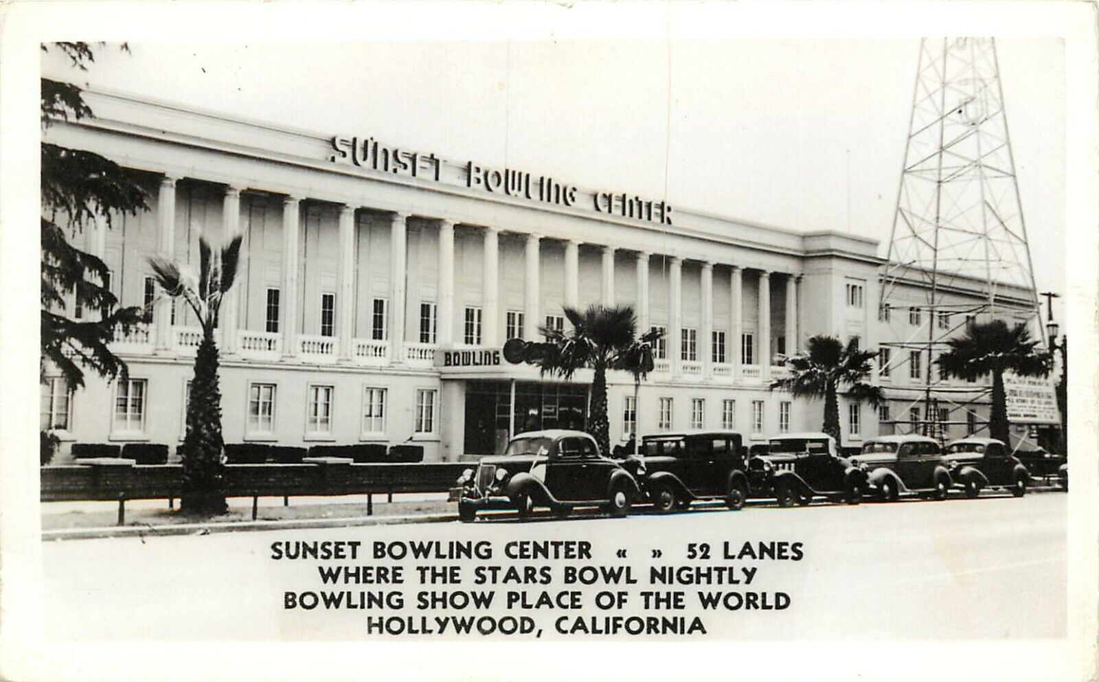 RPPC Postcard Sunset Bowling Center Hollywood CA Where the Stars Bowl, Unposted