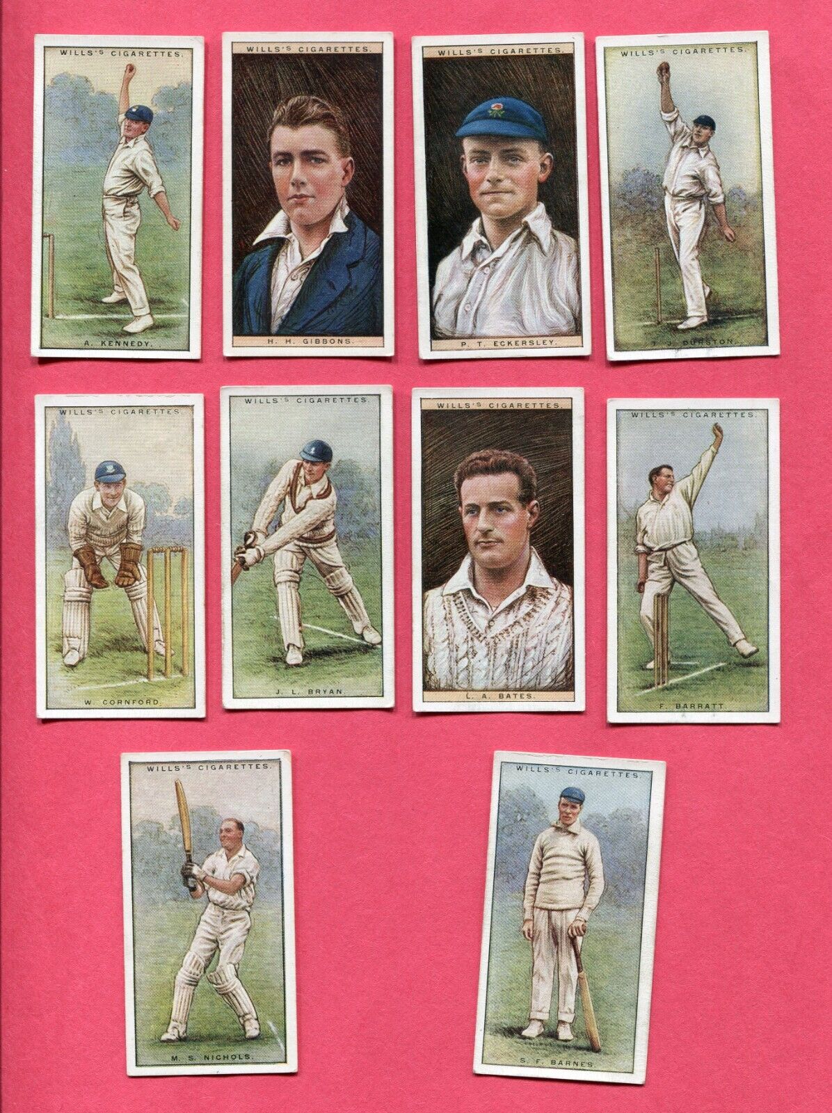 1929 W.D. & H.O. WILL\'S CIGARETTES CRICKETERS 2ND SERIES 10 TOBACCO CARD LOT
