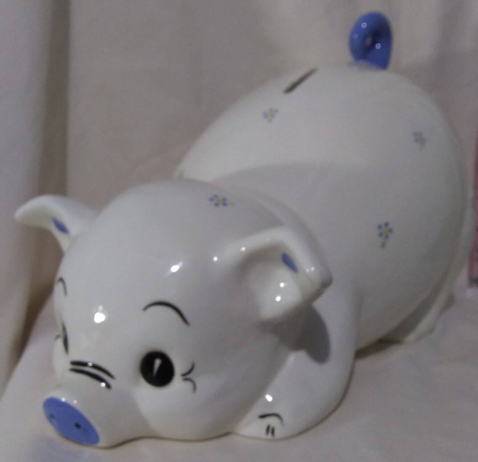 Vintage Big Pig Large Piggy Bank White With Blue Flowers & Tail Booty Up Cute