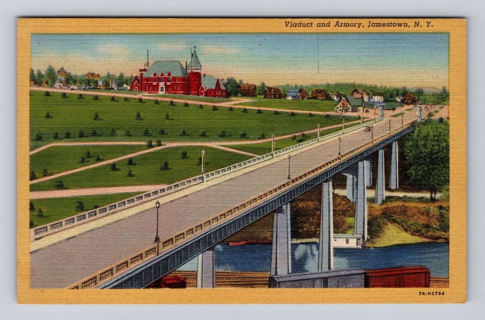 Jamestown NY-New York, Viaduct and Armory, Antique Vintage Souvenir Postcard