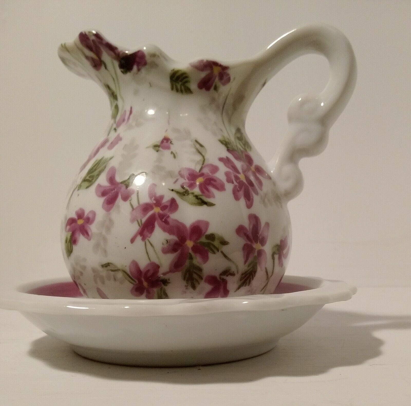 Vintage Rare Inarco  Chintz Miniature Porcelain Pitcher & Bowl  Purple Flowers 