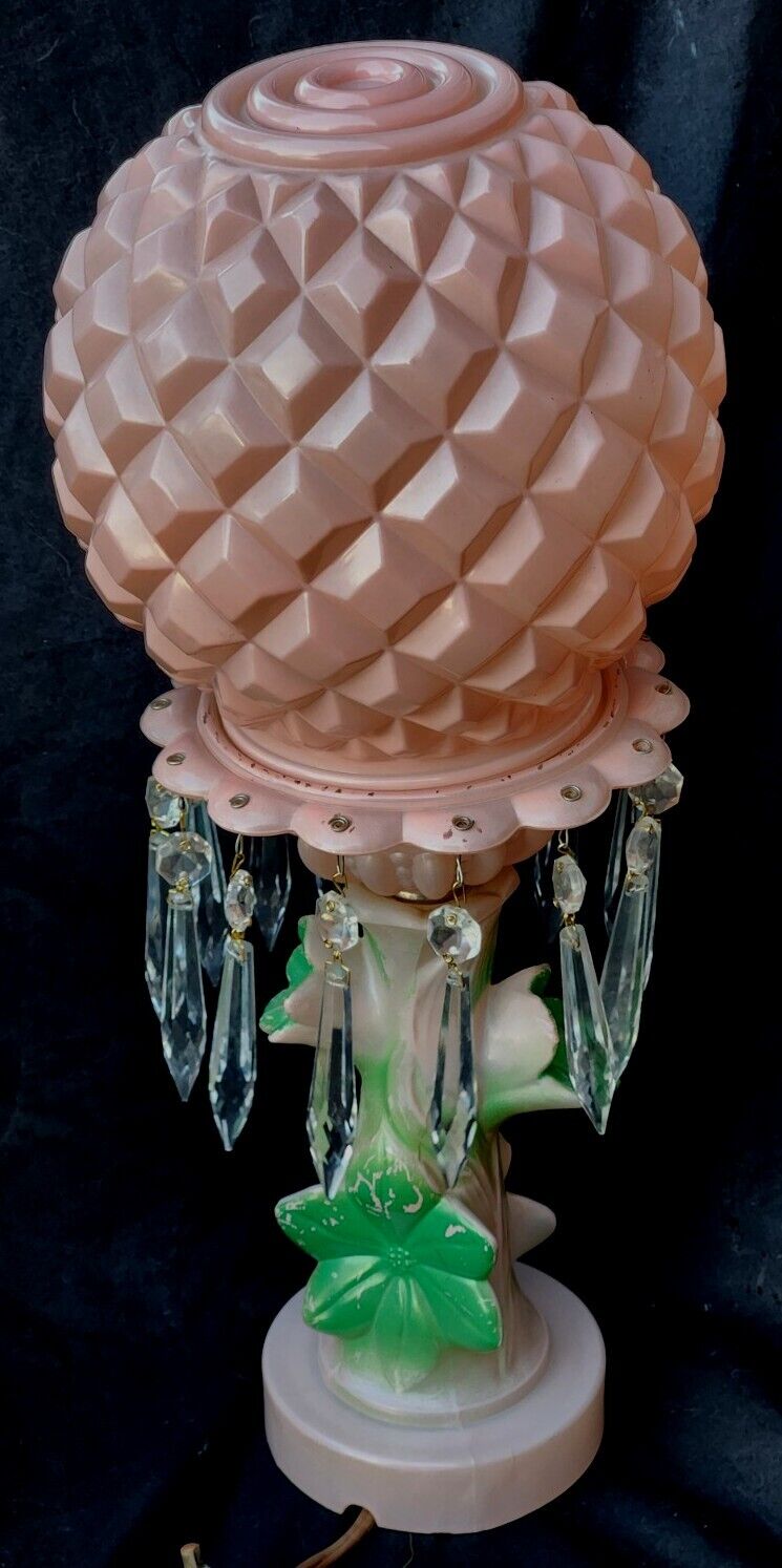 Antique Pink Figural Bohemian Glass Lamp Epcot Drop Dome Crystal Lamp 