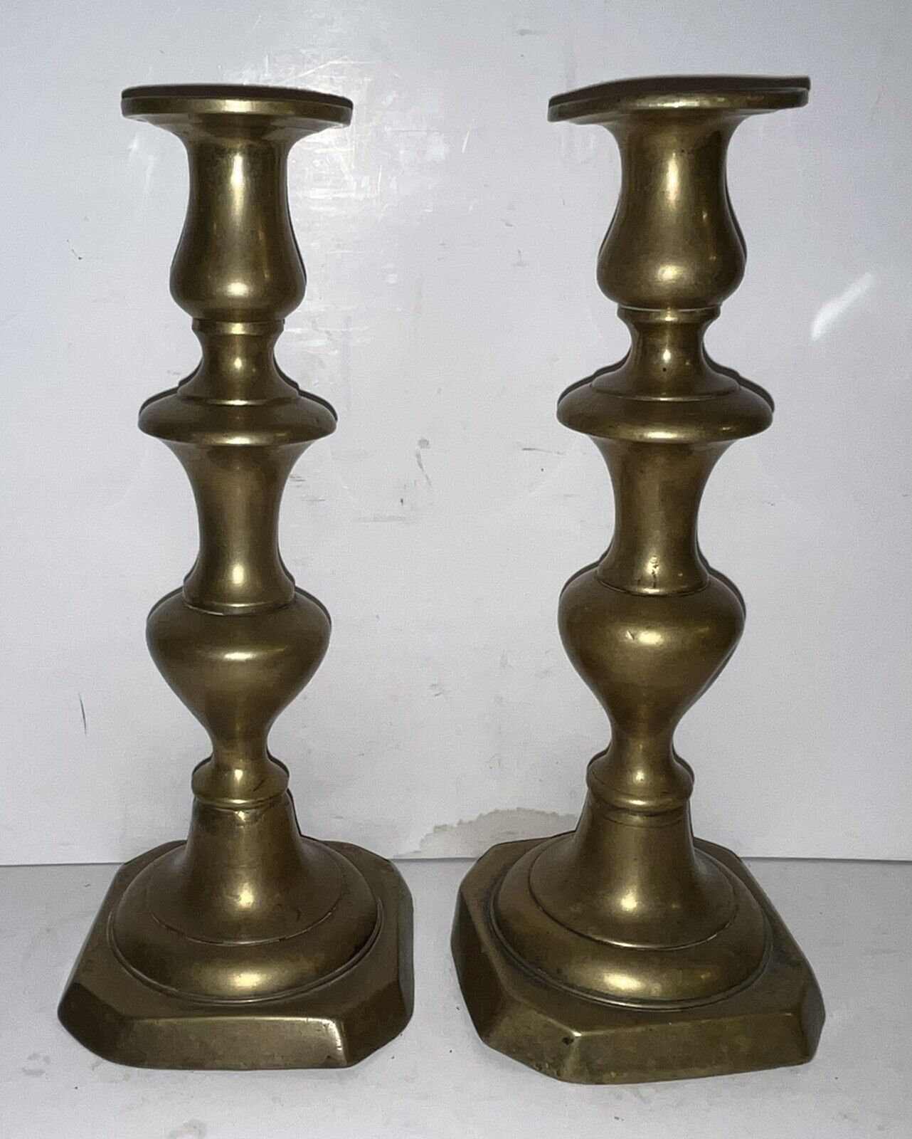 HUGE Antique 1850 Pair Queen Anne Spun Brass Push-up Candle Sticks
