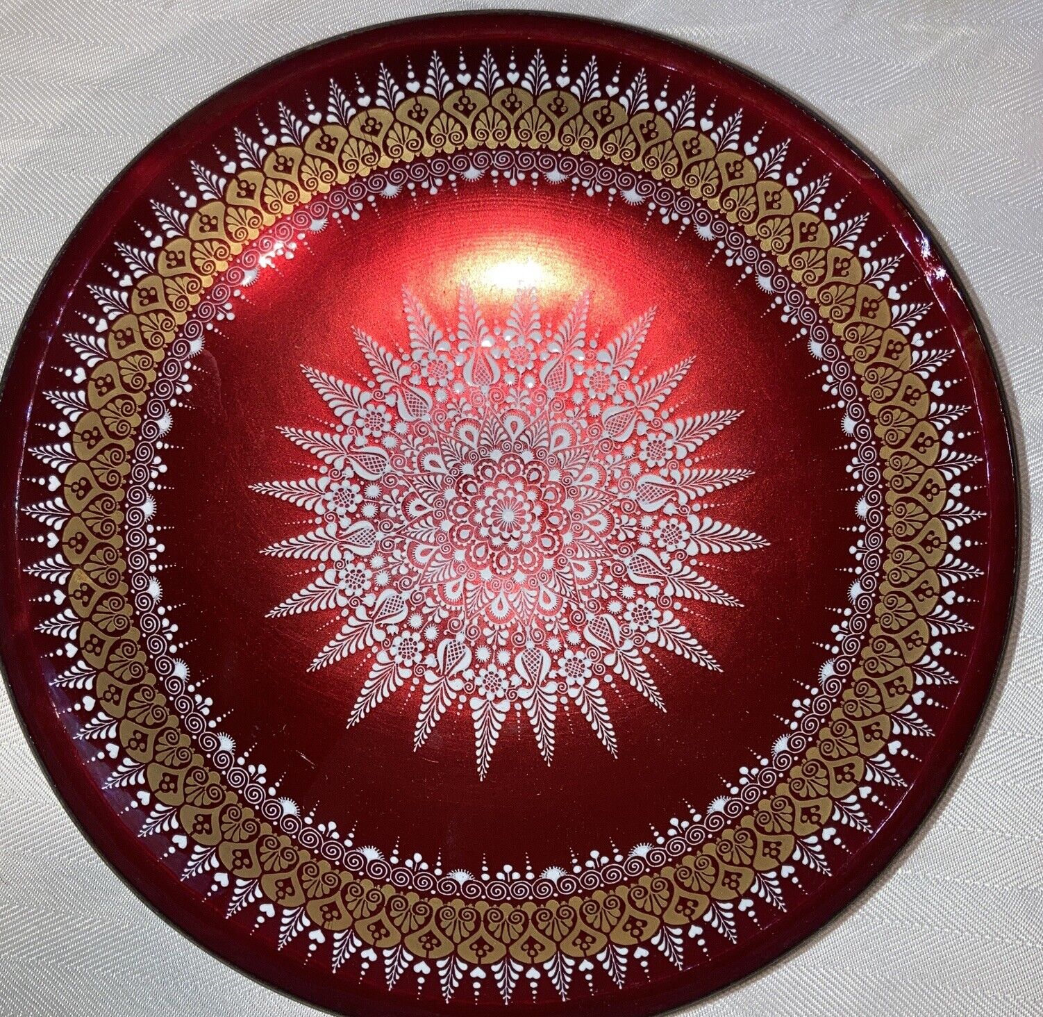 Steinbock Enamel Austria Brass Bowl Handmade in Stunning Red White & Gold 9”