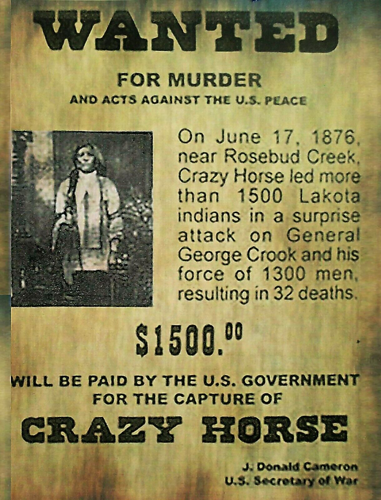 1876 CRAZY HORSE 8.5X11 WANTED POSTER PHOTO ORIGINAL CUSTER LAST STAND REPRINT