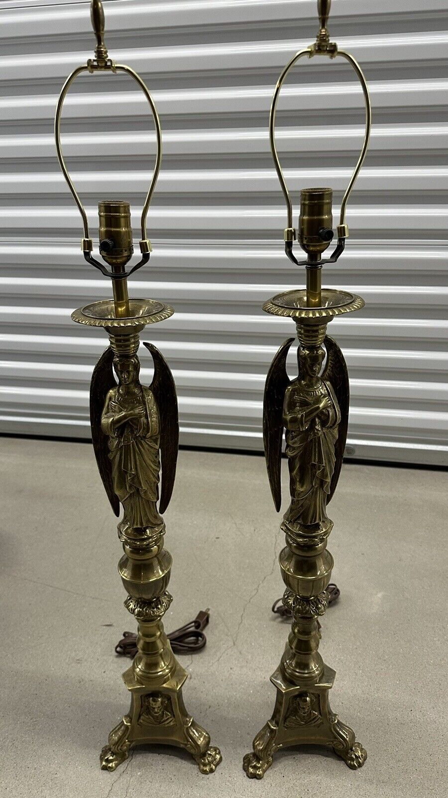 Pair Of Vintage Antique Heavy Brass Plated Church Angel Lamps