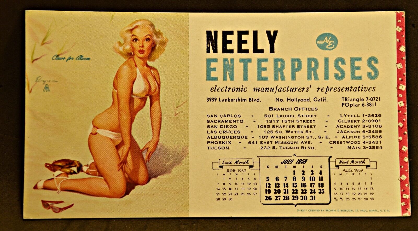 Pinup Girl Calendar Ink Blotter Elvgren Neely Sales Division Jul 1959