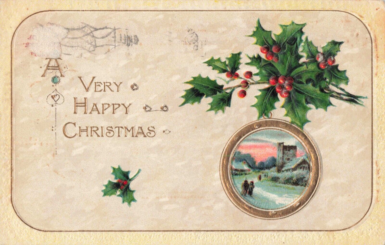 A Very Happy Christmas, Holly Ivy Snow, Embossed, Vintage Postcard