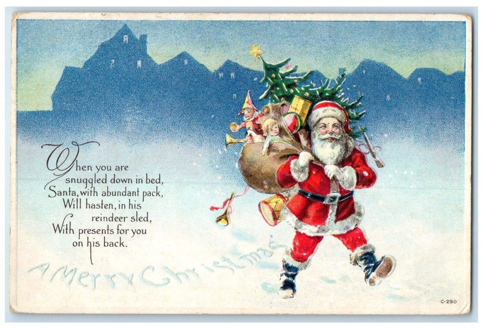 c1910\'s Merry Christmas Santa Claus Sack Of Toys Embossed Fremont NH Postcard