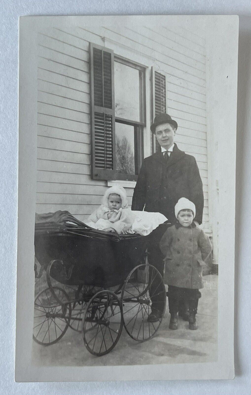 RPPC Real Photo Postcard Sweet Baby In Carriage With Father And Sibling Antique