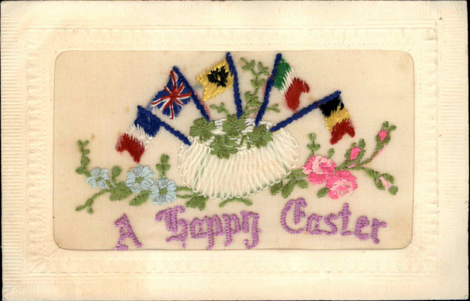 Patriotic Embroidery Allied Flags Easter WWI Vintage Postcard