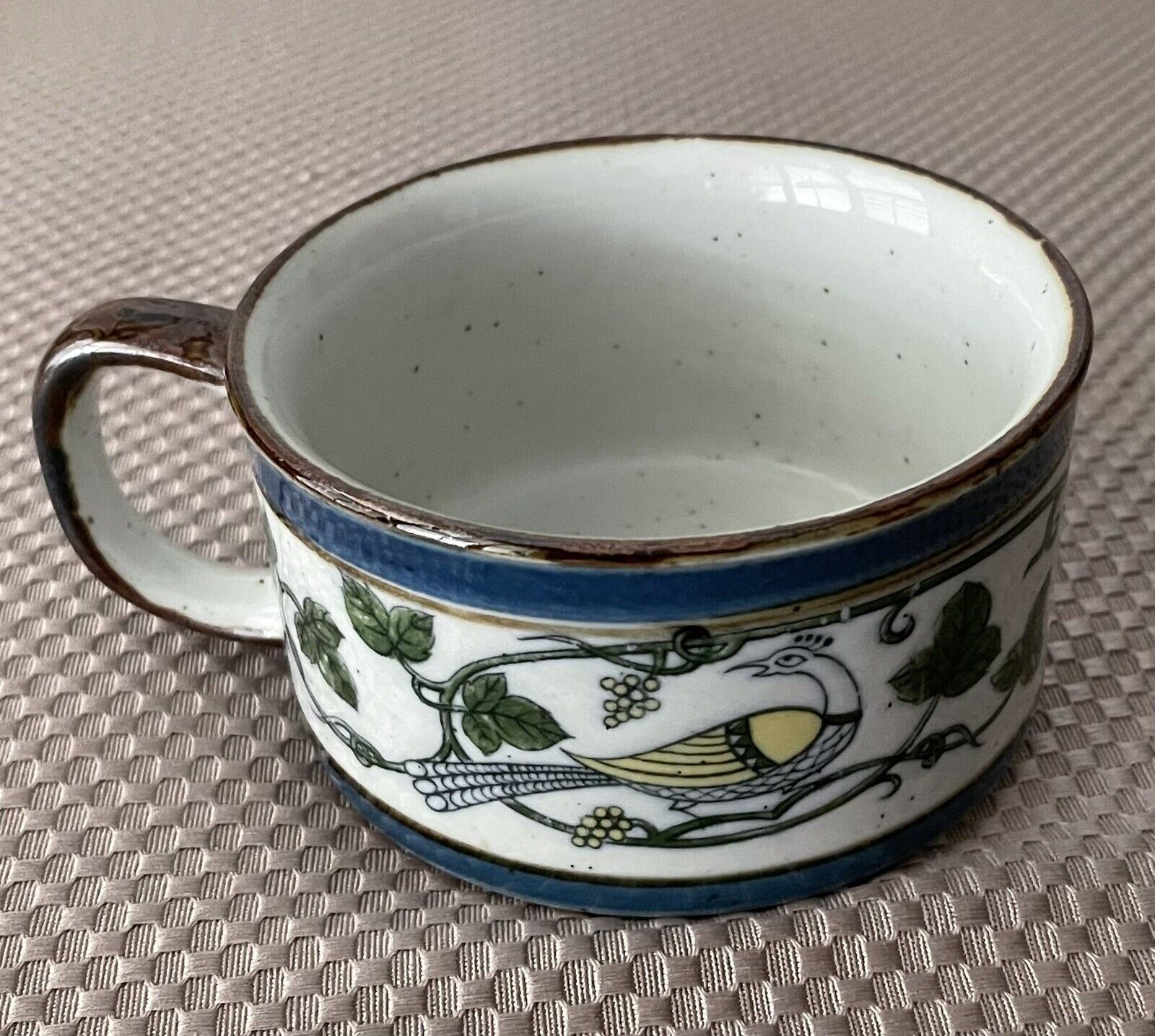 Vintage 1970s Otagiri Speckled Stoneware Oversized Soup Mug Peacock Design