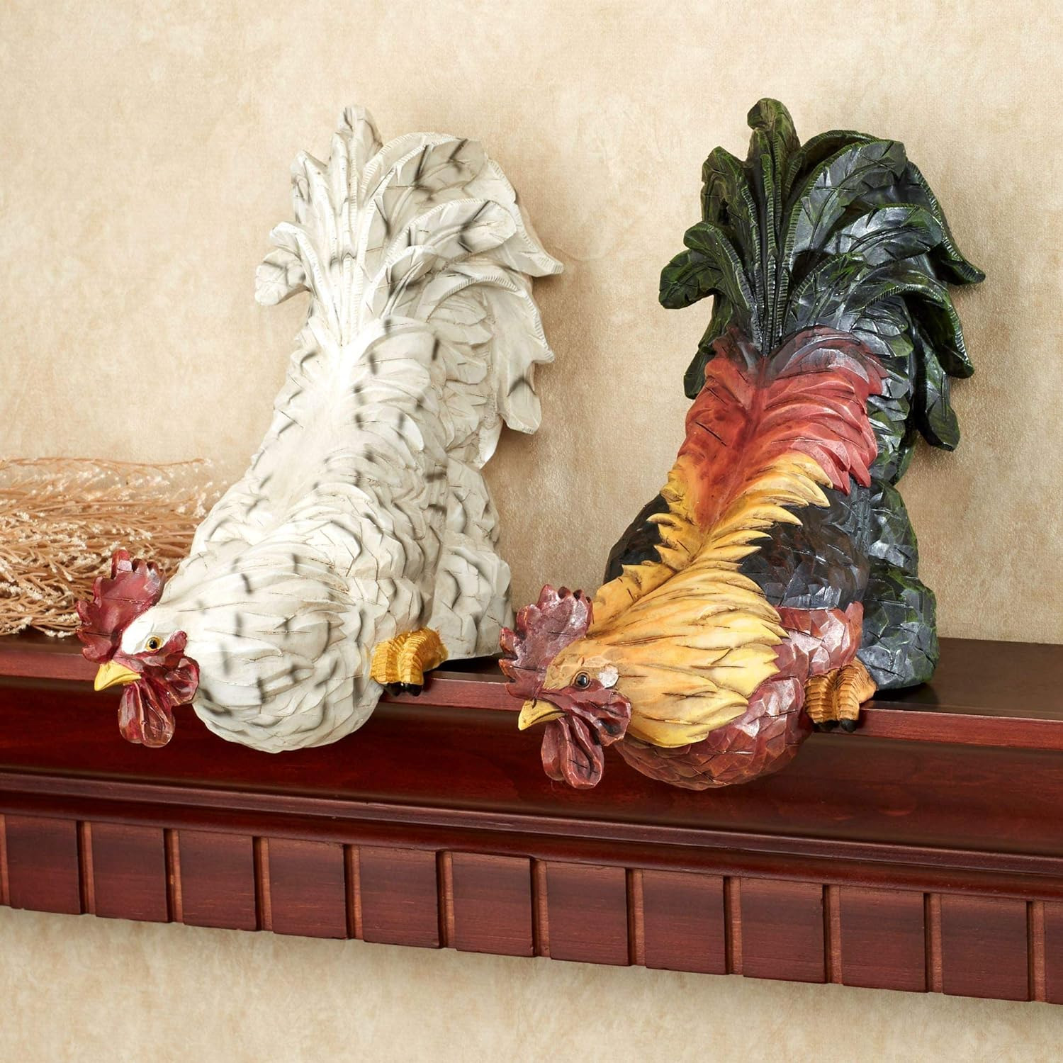 Content Rooster Shelf Sitter Set of Two - Resin - Green, Orange, Yellow, White, 